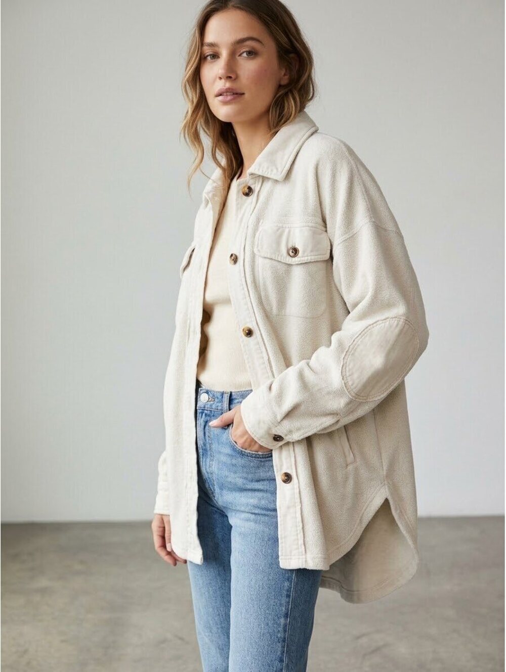 Free People Ivory Button-Up Shirt Jacket with Elbow Patches, Size M